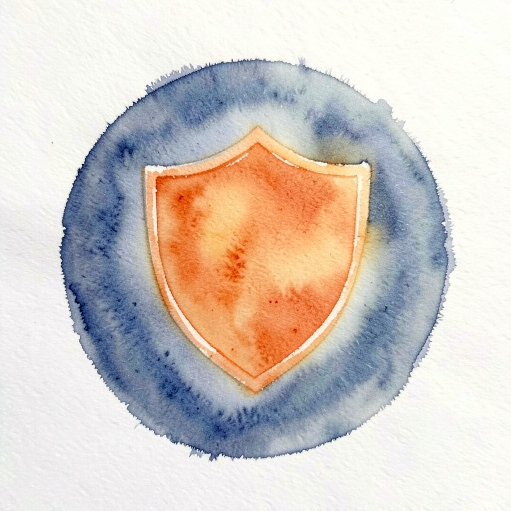 A soft watercolour circle in muted navy and warm orange tones, suggesting a shield icon for protection