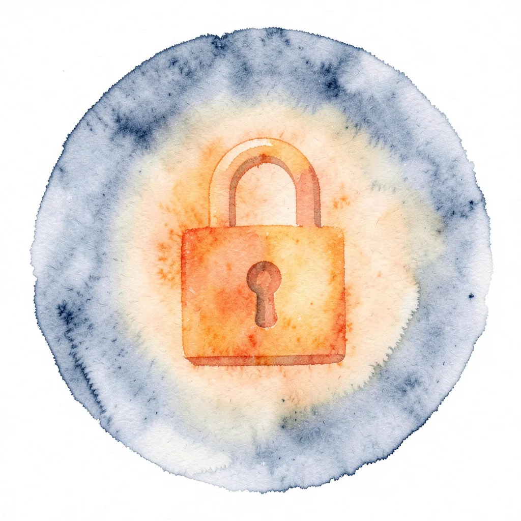 A soft watercolour circle in muted navy and warm orange tones, suggesting a lock icon for privacy
