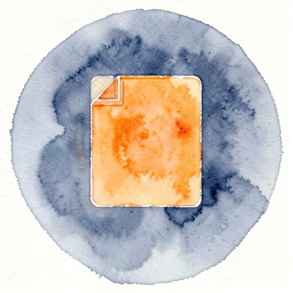 A soft watercolour circle in muted navy and warm orange tones, suggesting a document icon for policies