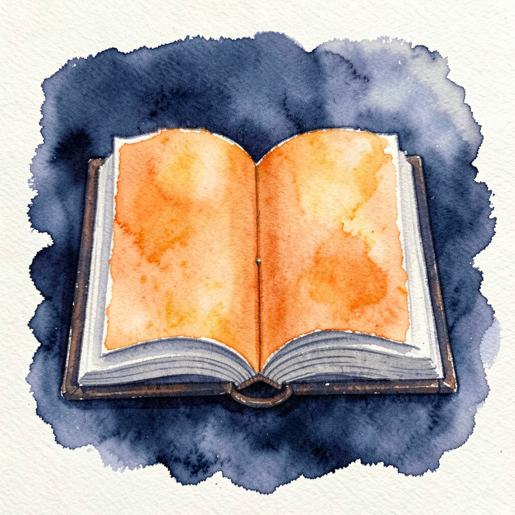 A soft watercolour painting in deep navy and warm orange, depicting an open book symbolizing player rights