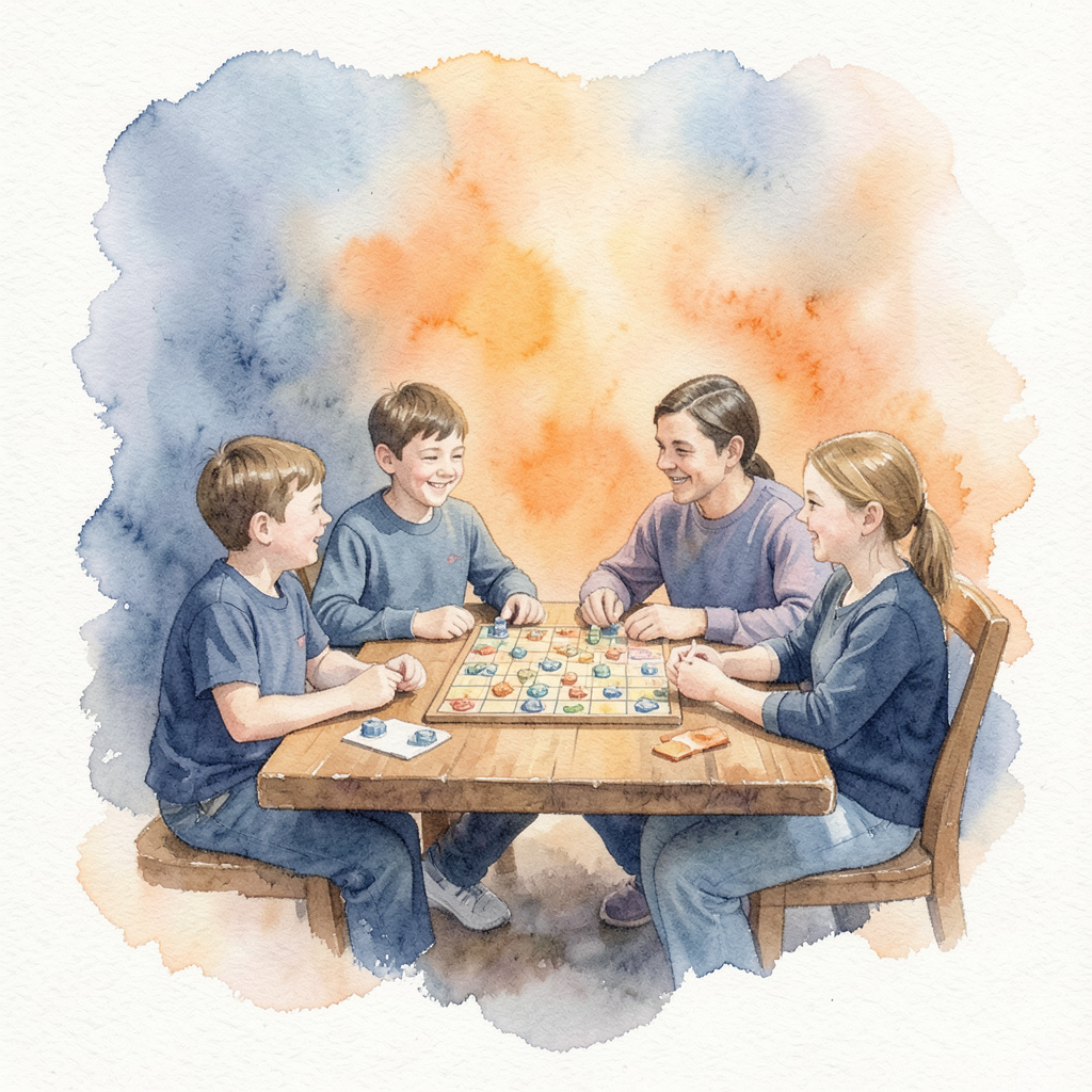 A soft watercolour painting in muted navy and warm orange, showing a family gathered around a table with a board game, calm and inviting